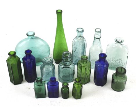 A collection of vintage glass bottles. Including green and blue glass, etc. Max. H19.5cm