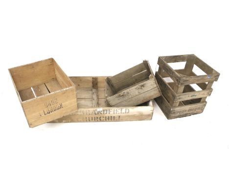 A group of assorted vintage wooden fruit crates. Including Hales Dancy  box (half bushel) JG Grandfield , Churchill, Coates, 