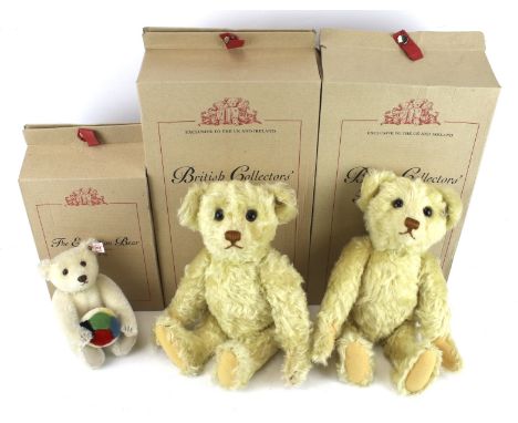 A collection of three Steiff teddy bears. To include two 2003 British Collectors Teddy Bears 02793, 00982, yellow L36cm and o