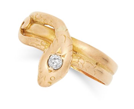 ANTIQUE VICTORIAN DIAMOND SNAKE RING set with an old cut diamond, size R / 8.5, 4.1g.