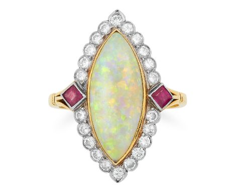 VINTAGE OPAL, DIAMOND AND RUBY CLUSTER RING set with a cabochon opal in a border of round cut diamonds and step cut rubies, s