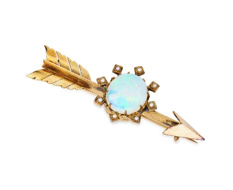 OPAL AND PEARL ARROW BROOCH set with a cabochon opal and seed pearls, 6.2cm, 9.7g.