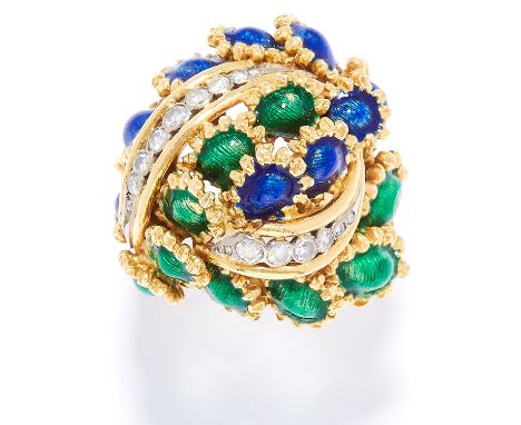 DIAMOND AND ENAMEL BOMBE RING, KUTCHINSKY, CIRCA 1969 jewelled with curved rows of round cut diamonds and blue and green enam