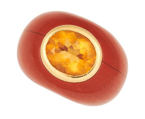 CITRINE AND JASPER DRESS RING comprising of an oval cut citrine set in a band of single piece of polished jasper, size M / 6,