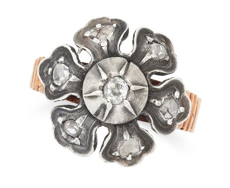 DIAMOND FLOWER RING set with old and rose cut diamonds, size P / 7.5, 4.8g.
