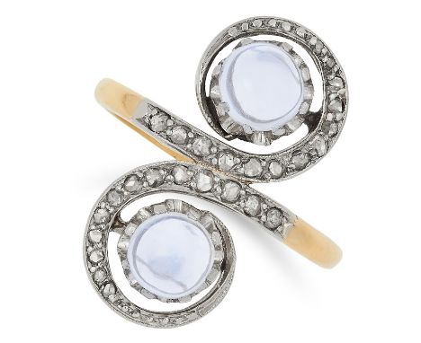 ANTIQUE MOONSTONE AND DIAMOND TOI ET MOI RING set with two cabochon moonstone and rose cut diamonds, size M / 6, 5g.
