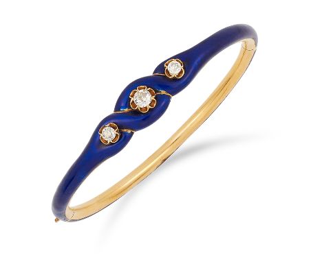 ANTIQUE VICTORIAN DIAMOND AND ENAMEL BANGLE set with three old cut diamonds and blue enamel, 6cm inner diameter, 14.5g.
