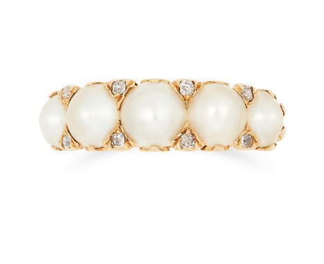 ANTIQUE PEARL AND DIAMOND FIVE STONE RING, 19TH CENTURY set with five pearls and diamond sparks, size L / 5.5, 4g.