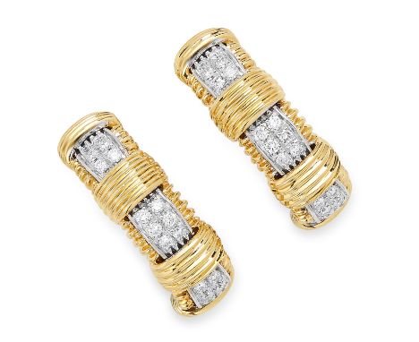 VINTAGE DIAMOND HOOP CLIP EARRINGS designed as half hoops with reeded decoration and round cut diamonds, 2.4cm, 15.9g.