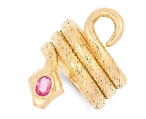 RUBY SNAKE RING set with an oval cut ruby of approximately 0.32 carats, size M / 6, 14.7g.