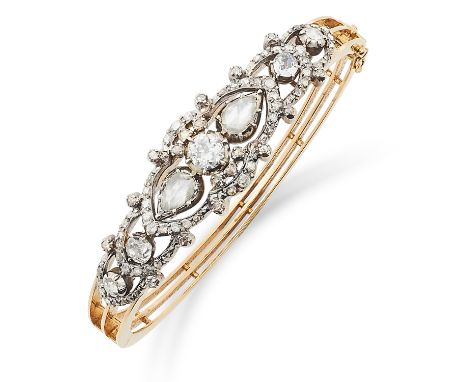 ANTIQUE DIAMOND BANGLE set with old and rose cut diamonds in open framework border, 6cm inner diameter, 30.5g.