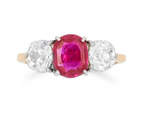1.67 CARAT BURMA NO HEAT RUBY AND DIAMOND THREE STONE RING set with an oval cut ruby of 1.67 carats between two round cut dia