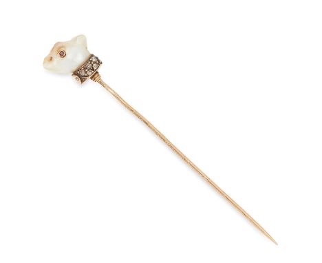 ANTIQUE PEARL, RUBY AND DIAMOND TIE PIN comprising of a pearl set with a round cut ruby and rose cut diamonds, 7.5cm, 2.5g.