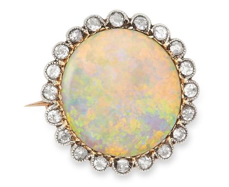 ANTIQUE OPAL AND DIAMOND BROOCH, 19TH CENTURY the circular cabochon opal of 14.3mm in diameter encircled by old cut diamonds,