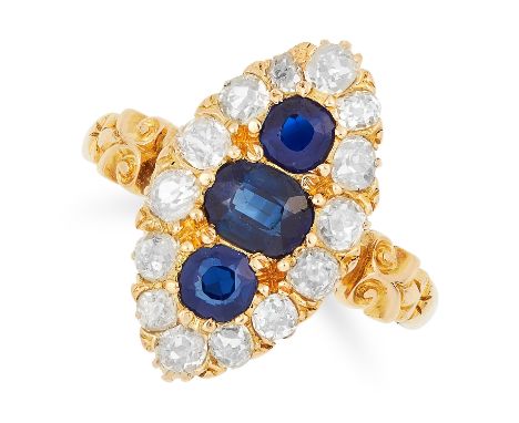 ANTIQUE SAPPHIRE AND DIAMOND RING the marquise face is set with cushion cut sapphires and old cut diamonds, size N / 6.5.