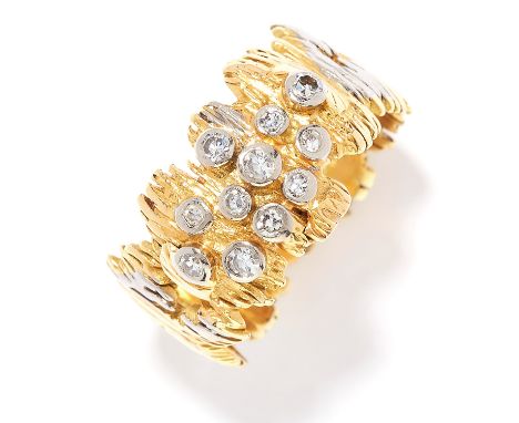 DIAMOND RING, CHARLES DE TEMPLE, 1966 in textured pierce design set with round cut diamonds, signed CdeT, size N / 7, 6.6g.