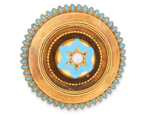 ANTIQUE VICTORIAN ENAMEL AND PEARL BROOCH in Etruscan revival form set with blue enamel and a pearl, 3.2cm, 11.2g.
