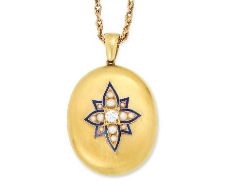 ANTIQUE DIAMOND, PEARL AND ENAMEL LOCKET PENDANT AND CHAIN set with an old cut diamond of approximately 0.55 carats accented 