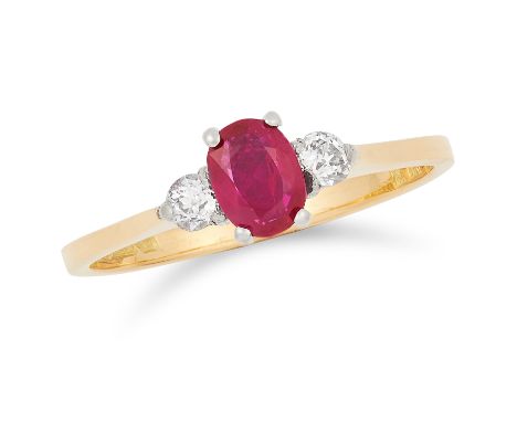 RUBY AND DIAMOND RING set with an oval cut ruby between two round cut diamonds, size L / 6, 2g.