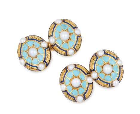 ANTIQUE ENAMEL AND PEARL CUFFLINKS set with blue enamel and seed pearls, 10.9g.