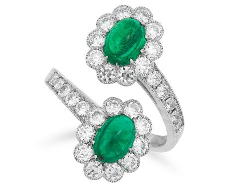 EMERALD AND DIAMOND TOI ET MOI RING set with cabochon emeralds totalling approximately 2.10 carats and round cut diamonds tot