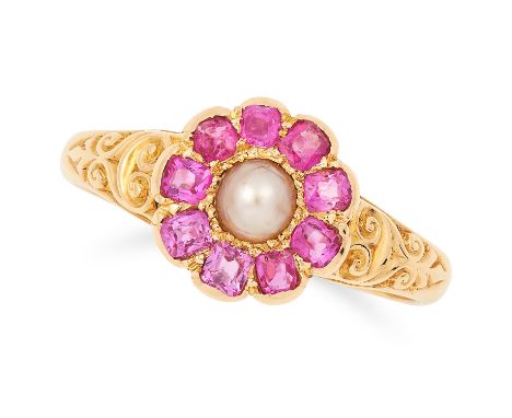 ANTIQUE PEARL AND RUBY CLUSTER RING set with a pearl in a border of cushion cut rubies, size P / 8, 3.3g.