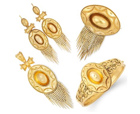 ANTIQUE MOURNING JEWELLERY SUITE, 19TH CENTURY comprising bangle, brooch, pendant and earrings, in Etruscan revival manner, s