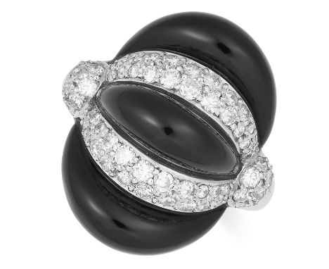 ONYX AND DIAMOND RING set with alternating round cut diamonds and polished onyx, size N / 7, 9.9g.