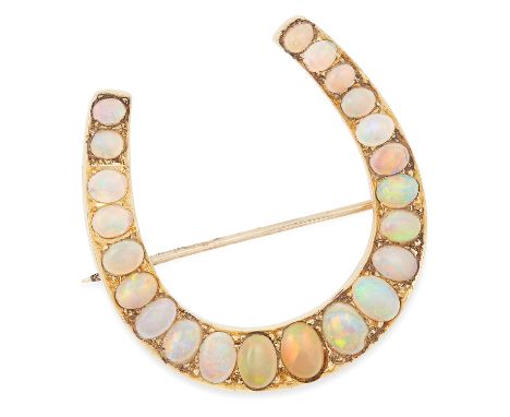 ANTIQUE OPAL HORSE SHOE BROOCH set with cabochon opals, 4.5cm, 9.7g.