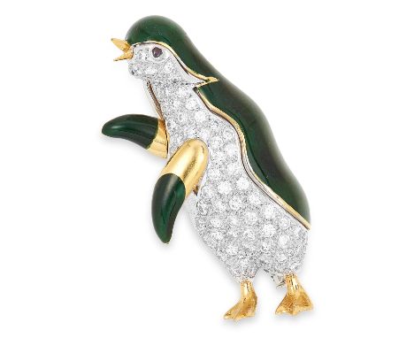 DIAMOND, RUBY AND ENAMEL PENGUIN BROOCH set with round cut diamonds totalling approximately 2.0 carats, with ruby eye and gre