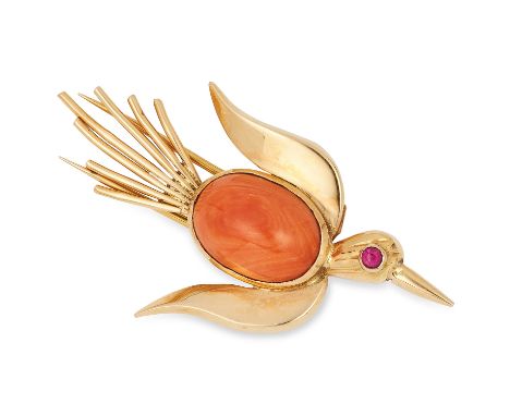 VINTAGE CORAL AND RUBY BIRD BROOCH, set with an oval cabochon coral and round cut ruby, 5.5cm, 9.6g.