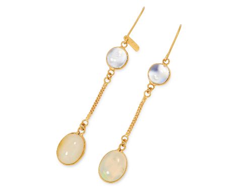 MOONSTONE AND OPAL DROP EARRINGS each set with a cabochon moonstone and opal, 4.9cm, 1.5g.