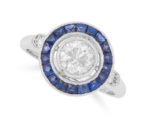 0.86 CARAT DIAMOND AND SAPPHIRE TARGET RING set with a round cut diamond of approximately 0.86 carats in a border of step cut