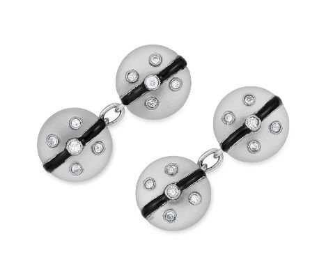 DIAMOND, ROCK CRYSTAL AND ENAMEL CUFFLINKS each comprising of polished rock crystal, round cut diamonds and black enamel, 8.2