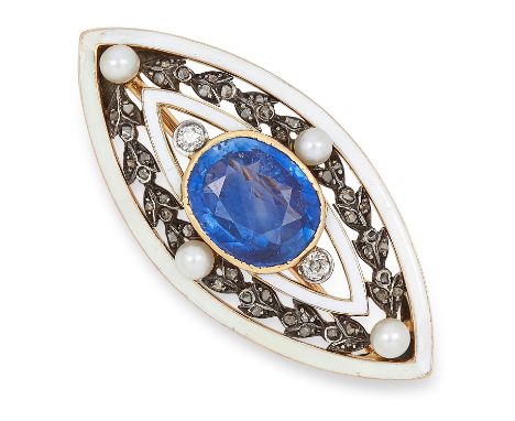 ANTIQUE SAPPHIRE, PEARL, DIAMOND AND ENAMEL BROOCH set with a cushion cut sapphire of approximately 4.80 carats, within pearl