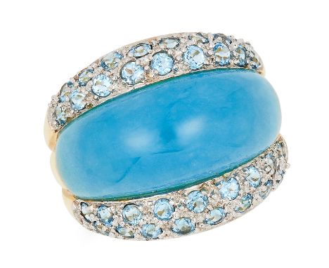 BLUE BOMBE RING, set with a blue hard stone and round cut blue stones, size M / 6, 7.1g.
