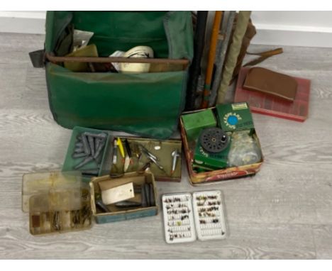 JOB LOT OF VINTAGE FISHING EQUIPMENT TO INCLUDE WEIGHTS, HOOKS, FLYS, SHAKESPEARE REELS AND FISHING RODS ETC