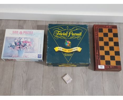 COLLECTION OF BOARD GAMES AND A JIGSAW PUZZLE INCLUDING TRIVIAL PURSUIT GENUS EDITION AND A VINTAGE CHESS AND DRAFTS BOARD, A
