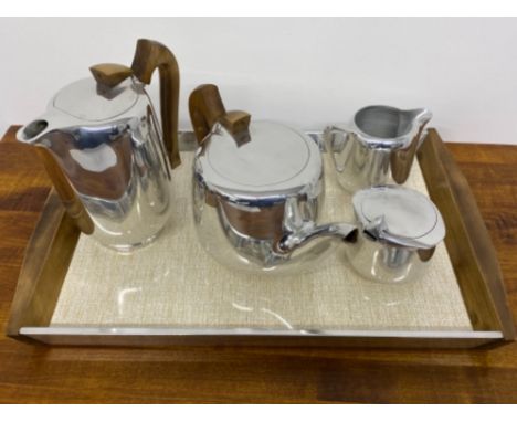 A 1950/60S PICQUOT WARE TEA SERVICE INCLUDES TEAPOT, COFFEE POT, CREAM JUG, SUGAR BOWL AND COMES WITH ORIGINAL TRAY