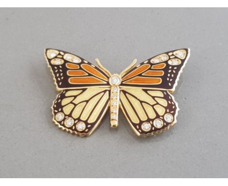 18CT YELLOW GOLD BUTTERFLY ENAMEL BROOCH SET WITH TWENTY ROUND CUT DIAMONDS APPROXIMATELY 0.75CT 9G GROSS