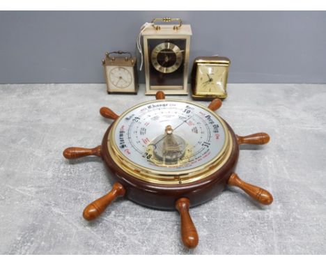 SHIP WHEEL BAROMETER TOGETHER WITH QUARTZ CLOCK CORAL TRAVEL ALARM CLOCK AND MIANUTRE BRASS ANDREW 4 JEWELS VINTAGE ALARM CLO