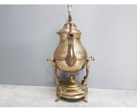 HEAVY GAUGE TEAPOT ON STAND WITH BURNER PLATE VERY WORN