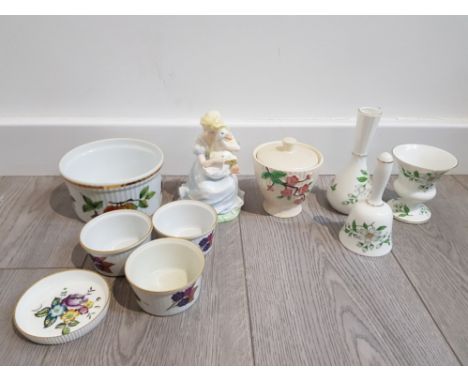 COLLECTION OF POTTERY ITEMS INCLUDES ROYAL WORCESTER , COALPORT THE GOOSE GIRL FIGURE, CROWN STAFFORDSHIRE AND 1 MALING LIDDE