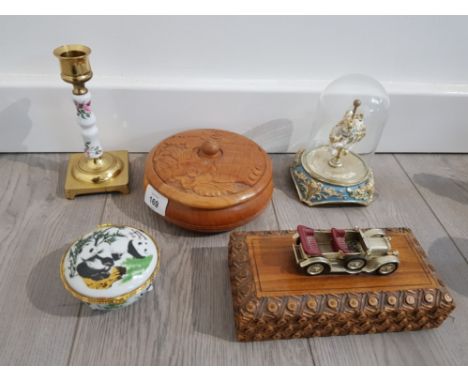 5 COLLECTABLE VINTAGE ITEMS INCLUDES MOTOR VEHICLE SEWING BOX, GUERNSEY COPPER CRAFT CANDLESTICK AND A CAROUSEL FANTASY HAND 