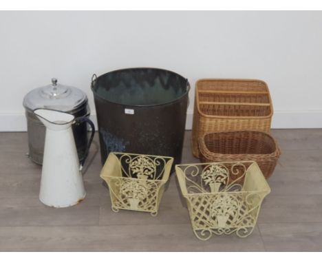 COLLECTION OF WICKER BASKETS, LARGE METAL TWIN HANDLED BUCKET, ENAMEL PITCHER AND COAL BUCKET ETC