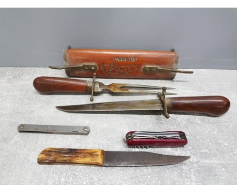 CYPRUS MEAT KNIFE AND FORK TOGETHER WITH PEN KNIFE AND 2 OTHERS