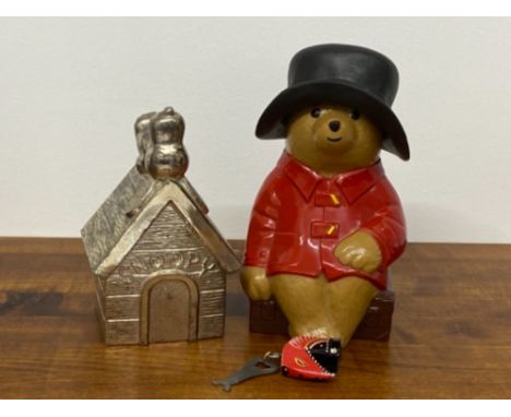 VINTAGE PADDINGTON BEAR PLASTIC MONEY BOX, CHELTENHAM AND GLOUCESTER BUILDING SOCIETY WITH KEY AND ORIGINAL HAT TOGETHER WITH