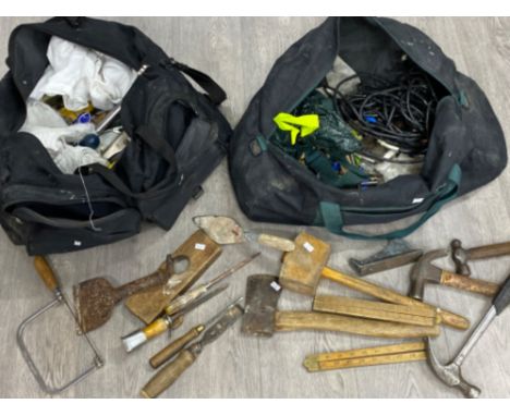 2 bags containing a large quantity of vintage hand tools including hammers, axe etc