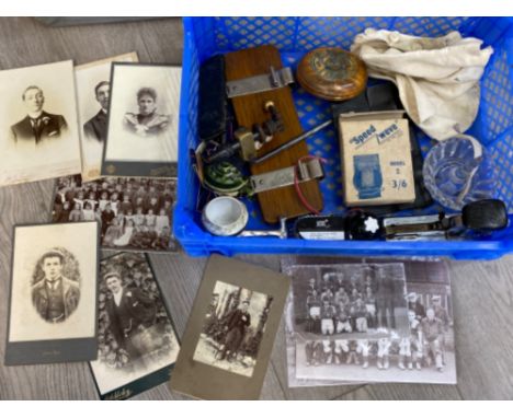 Crate of miscellaneous items including old photographs, brass &amp; wooden calendar, vintage Ofrex stapler &amp; Mont Blanc i