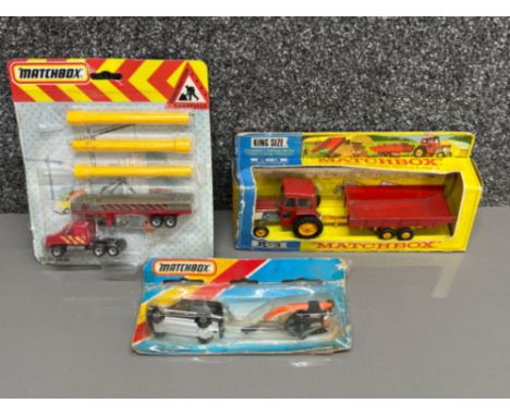 Matchbox K-3 diecast tractor and trailer, matchbox construction and 1 other all in original boxes